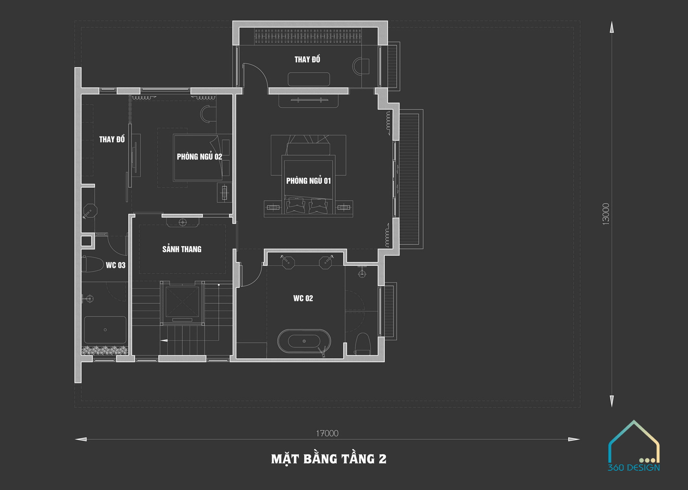 mặt bằng tầng 2 biệt thự địa trung hải